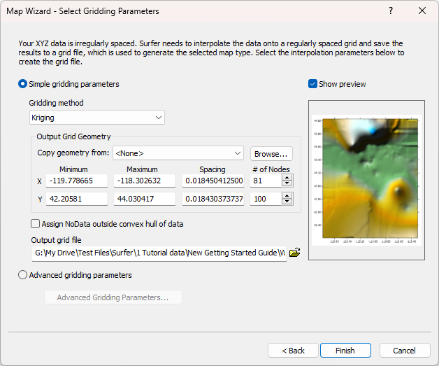Map Wizard - Select Gridding Parameters
